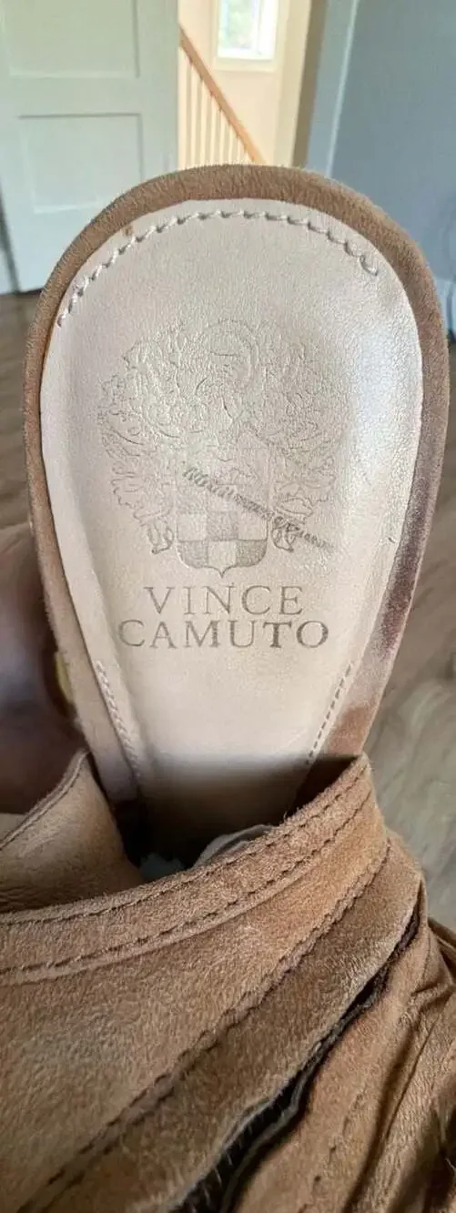 Vince Camuto Torey Chestnut Suede Fringe Open Toe Booties